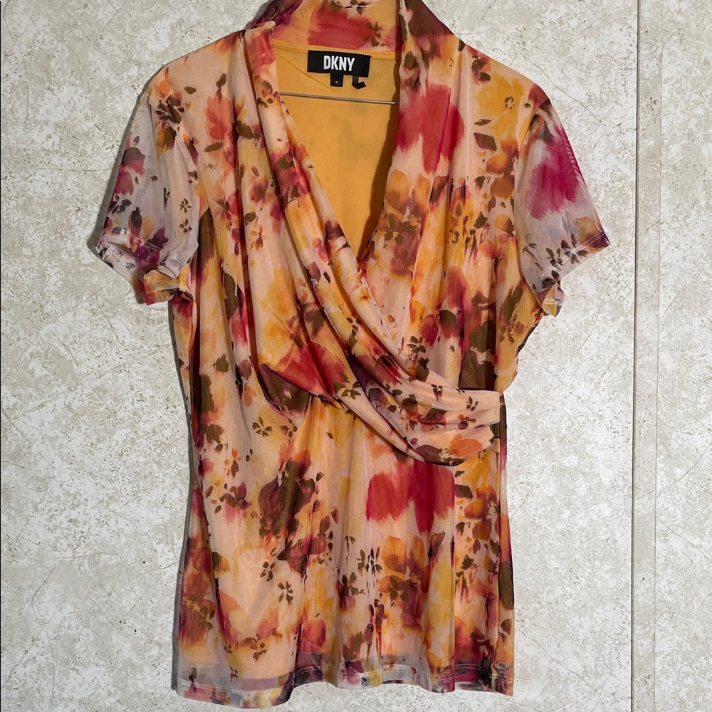 DKNY Women's Vibrant Faux Wrap Floral Short Sleeve Blouse - Red, Pink, Orange